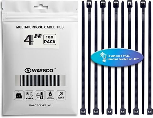 WAYSCO Black Zip Cable Ties 4 inch/0.10 inch (100 pcs) 22 lbs/pounds Tensile Strength Automotive Grade Nylon PA66-40℉ to 257℉ UV Resistant for Outdoor and Indoor in Saudi Arabia