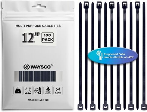 WAYSCO Black Zip Cable Ties 4 inch/0.10 inch (100 pcs) 22 lbs/pounds Tensile Strength Automotive Grade Nylon PA66-40℉ to 257℉ UV Resistant for Outdoor and Indoor in Saudi Arabia