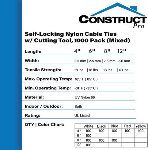 أربطة كابلات من النايلون ذاتية القفل، 1000 عبوة مختلطة in Kuwait