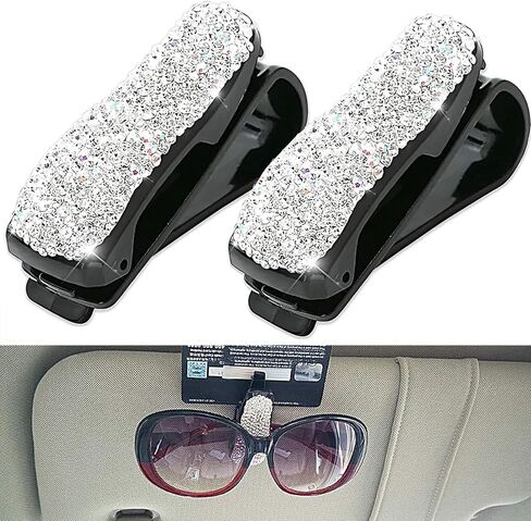 2 PCS Bling Car Sun Visor Glasses Clip, 3.05" x 1.93" x 1.34" Rhinestone-Encrusted Card Ticket Shockproof Holder, Universal Car Fashion Accessory, Product Compatible with Most Models (Black) in Saudi Arabia