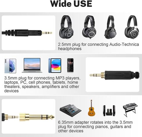 كابل ATH-M50x بديل لكابل الصوت Aux سلك متوافق مع سماعات الرأس Audio Technica ATH-M50x / ATH-M40x / ATH-M70x / ATH-M60X، مع محول 6.35 مم (1/4 بوصة)، 6.5 قدم in Kuwait
