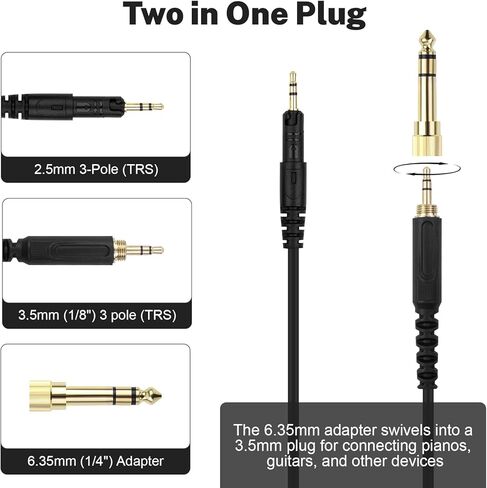 كابل ATH-M50x بديل لكابل الصوت Aux سلك متوافق مع سماعات الرأس Audio Technica ATH-M50x / ATH-M40x / ATH-M70x / ATH-M60X، مع محول 6.35 مم (1/4 بوصة)، 6.5 قدم in Kuwait