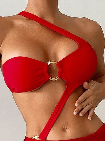 OYOANGLE Women's 2 Piece Swimsuit Set One Shoulder Ring Linked Cut Out Monokini Bathing Suit with Bottoms in Saudi Arabia
