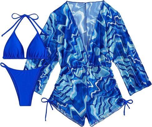 SHENHE Women's 3 Pieces Tropical Swimsuits Halter Neck Triangle Bikini Set with Cover Up in Saudi Arabia