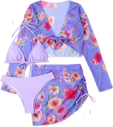 Womens 4 Piece Floral Swimsuit Tie Halter Bikini Set Bathing Suit with Mesh Beach Shirt Mini Skirt Coverup in Saudi Arabia