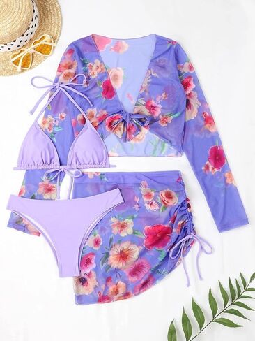 Womens 4 Piece Floral Swimsuit Tie Halter Bikini Set Bathing Suit with Mesh Beach Shirt Mini Skirt Coverup in Saudi Arabia