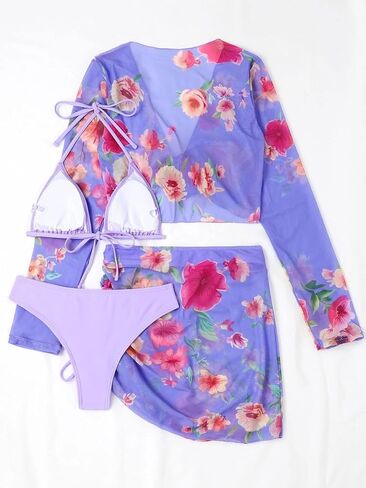 Womens 4 Piece Floral Swimsuit Tie Halter Bikini Set Bathing Suit with Mesh Beach Shirt Mini Skirt Coverup in Saudi Arabia