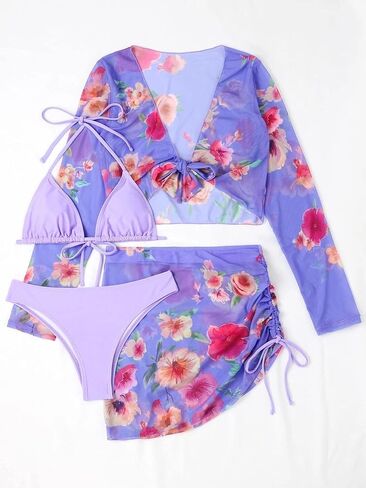 Womens 4 Piece Floral Swimsuit Tie Halter Bikini Set Bathing Suit with Mesh Beach Shirt Mini Skirt Coverup in Saudi Arabia