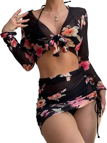Womens 4 Piece Floral Swimsuit Tie Halter Bikini Set Bathing Suit with Mesh Beach Shirt Mini Skirt Coverup in Saudi Arabia