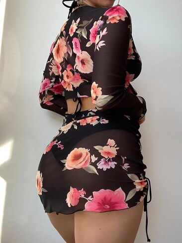 Womens 4 Piece Floral Swimsuit Tie Halter Bikini Set Bathing Suit with Mesh Beach Shirt Mini Skirt Coverup in Saudi Arabia