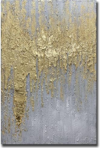 Boiee Art، 30 × 45 بوصة مجردة مرسومة يدويًا باللون الرمادي الذهبي لوحات قماشية فنية جدارية عمودية ذهبية مزخرفة بالحد الأدنى من الأكريليك على لوحة قماشية ممتدة ومؤطرة جاهزة للتعليق in Kuwait