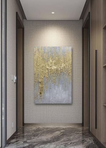 Boiee Art، 30 × 45 بوصة مجردة مرسومة يدويًا باللون الرمادي الذهبي لوحات قماشية فنية جدارية عمودية ذهبية مزخرفة بالحد الأدنى من الأكريليك على لوحة قماشية ممتدة ومؤطرة جاهزة للتعليق in Kuwait