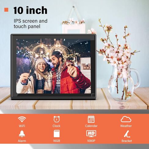 إطار صور رقمي واي فاي 10 بوصة، شاشة IPS 1280 × 800 إطار صور رقمي، يدعم ذاكرة 32 جيجابايت، التدوير التلقائي وعرض الشرائح، مشاركة الصور والفيديو على الفور in Kuwait