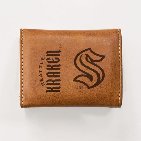 Rico Industries NHL Seattle Kraken Premium Laser Engraved Vegan Brown Leather Tri-fold Wallet - Slim yet Sturdy Design - Perfect to Show Your Team Pride or Gift in Saudi Arabia