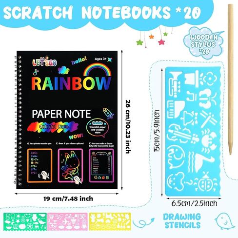 Gueevin 20 Pack Scratch Books for Kids Large Scratch Notebook Set Coloring Paper Supplies for Boys and Girls Party Toy for DIY Craft Birthday Holiday Gifts, 10" x 7.5" in Saudi Arabia