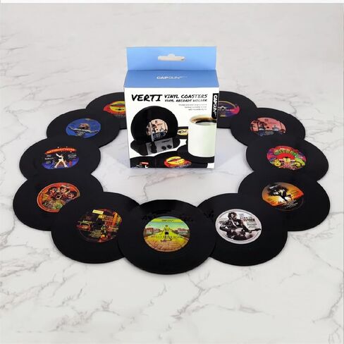 Funny Retro Vinyl Record Coasters, Creative Drink Coasters Set of 6 with Vinyl Record Player Holder for Music Lovers, Housewarming Hostess Gifts, Birthday and White Elephant Gifts Ideas in Saudi Arabia