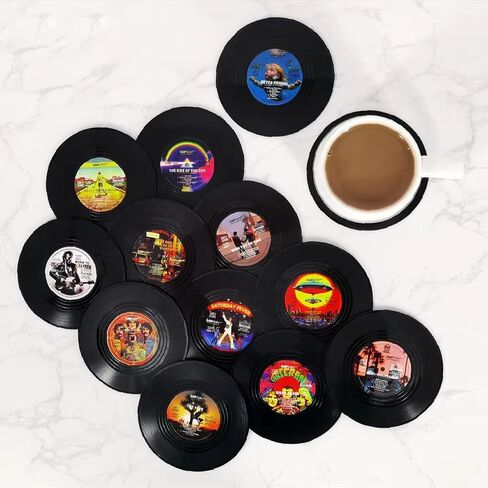 Funny Retro Vinyl Record Coasters, Creative Drink Coasters Set of 6 with Vinyl Record Player Holder for Music Lovers, Housewarming Hostess Gifts, Birthday and White Elephant Gifts Ideas in Saudi Arabia