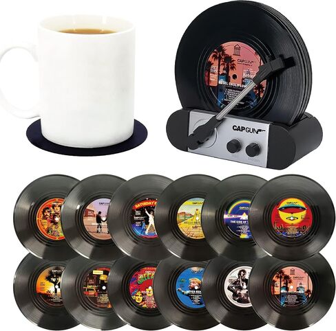 Funny Retro Vinyl Record Coasters, Creative Drink Coasters Set of 6 with Vinyl Record Player Holder for Music Lovers, Housewarming Hostess Gifts, Birthday and White Elephant Gifts Ideas in Saudi Arabia