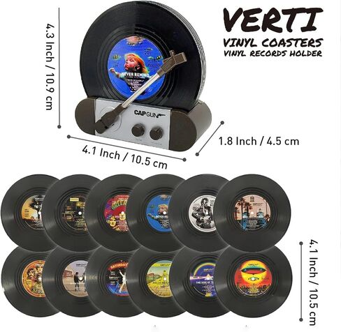 Funny Retro Vinyl Record Coasters, Creative Drink Coasters Set of 6 with Vinyl Record Player Holder for Music Lovers, Housewarming Hostess Gifts, Birthday and White Elephant Gifts Ideas in Saudi Arabia