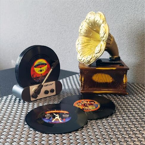 قواعد أكواب مضحكة من الفينيل ريترو، مجموعة قواعد أكواب إبداعية مكونة من 6 قطع مع حامل مشغل تسجيلات الفينيل لمحبي الموسيقى، وهدايا مضيفة الترحيب بالمنزل الجديد، وأفكار هدايا أعياد الميلاد والفيل الأبيض in Kuwait