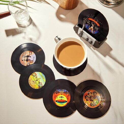 قواعد أكواب مضحكة من الفينيل ريترو، مجموعة قواعد أكواب إبداعية مكونة من 6 قطع مع حامل مشغل تسجيلات الفينيل لمحبي الموسيقى، وهدايا مضيفة الترحيب بالمنزل الجديد، وأفكار هدايا أعياد الميلاد والفيل الأبيض in Kuwait