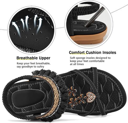 Aomigoct Womens Sandals Flats Shoes: Dressy Summer Flat Sandals for Women Open Toe - Bohemian Casual Beach Shoes Elastic Ankle Strap in Saudi Arabia