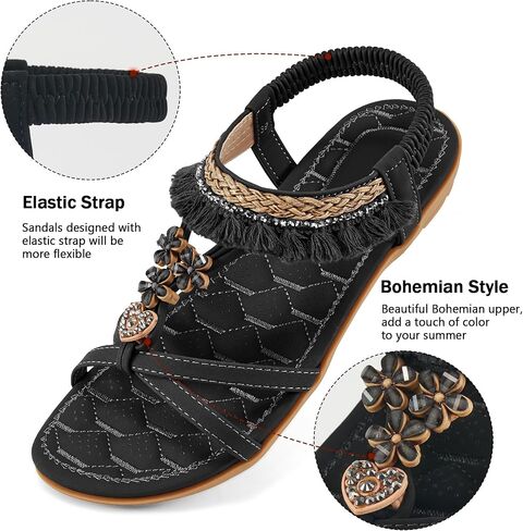 Aomigoct Womens Sandals Flats Shoes: Dressy Summer Flat Sandals for Women Open Toe - Bohemian Casual Beach Shoes Elastic Ankle Strap in Saudi Arabia