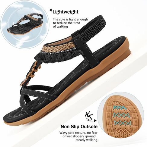 Aomigoct Womens Sandals Flats Shoes: Dressy Summer Flat Sandals for Women Open Toe - Bohemian Casual Beach Shoes Elastic Ankle Strap in Saudi Arabia