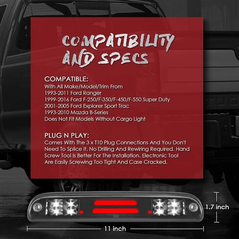 High Mount 3rd Stop Light Assemblies, Compatible with 1999-2016 Ford Super Duty/Ranger/Mazda B-Series Third Center Cargo Reverse Rear LED Brake Light Bar Taillight (Black Smoke) in Saudi Arabia