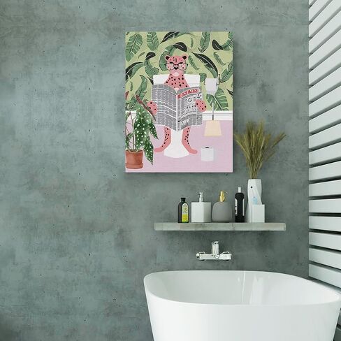 Leopard in Bathtub Canvas Poster Painting Bathroom Wall Art, Botanical Animal Picture Artwork Framed Print Ready to Hang for Restroom Toilet Wall Decor 12 x 15 inch in Saudi Arabia