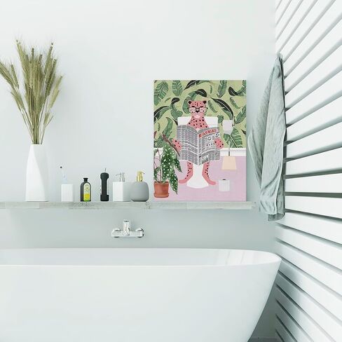 Leopard in Bathtub Canvas Poster Painting Bathroom Wall Art, Botanical Animal Picture Artwork Framed Print Ready to Hang for Restroom Toilet Wall Decor 12 x 15 inch in Saudi Arabia