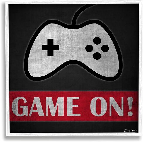 Stupell Industries Game On Bold Gamer Phrase Retro Controller, Designed by Denise Brown White Framed Wall Art, 24 x 24, Grey in Saudi Arabia