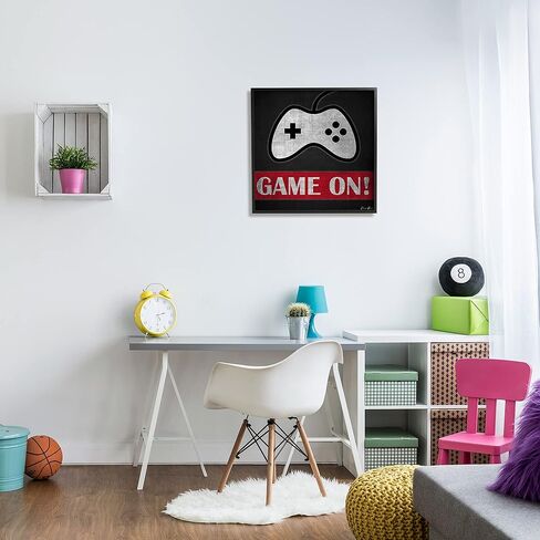 وحدة التحكم الرجعية Stupell Industries Game On Bold Gamer Phrase Retro، من تصميم دينيس براون، لوحة فنية جدارية مؤطرة باللون الأسود، 24 × 24، رمادي in Saudi Arabia