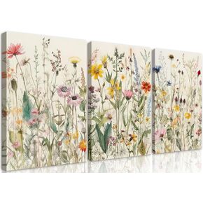 3 Pcs Framed Flowers Canvas Wall Art Watercolor Floral Botanical Prints Wildflower Pictures Wall Decor Colorful Plant Paintings Posters for Bathroom Living Room Bedroom Office Kitchen(12x16in)