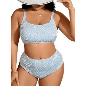 Floerns Women's Plus Size Bikini Sets Striped Print High Waist Bathing Suit