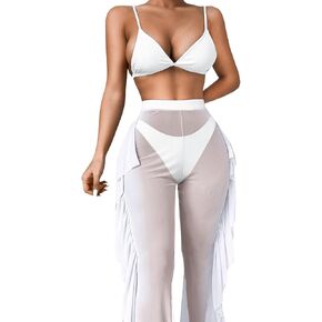 Kaei&Shi Sexy Rave Outfit for Women,Sheer Ruffle Music Festival Pants,3 Piece Swimsuits Cover Up Cow Girl Outfits