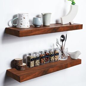 Whole Piece of Walnut Wood Floating Shelves for Wall Mount, Thicker and Wider Sturdy Wood Shelf for Bedroom, Bathroom Kitchen and Living Room Decor,36 x 6 x 1.5 inche, Set of 2 (Walnut, 36")