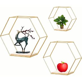 Wall Mounted Hexagon Floating Shelves, Metal Framed Gold Shelf with Wooden Wall Floor Storage Shelves, Modern Wall Decor for Living Room, Bedroom, Kitchen, Office, Set of 3 Size