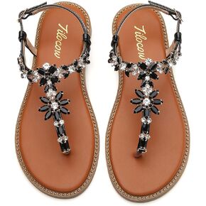 Tilocow Women's Rhinestone Flat Sandals with Rivets Inlaid Bling Flip Flop Sandals with Ankle Strap for Summers Wedding Party Dressy Casual Shoes