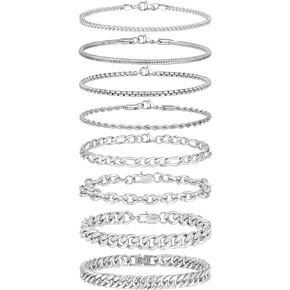 Tornito 8Pcs Chain Bracelet Stainless Steel Curb Width Rope Figaro Cuban Link Paperclip Twist Chain Bracelets Set for Men Women 7.5/8.3/9.0 Inches