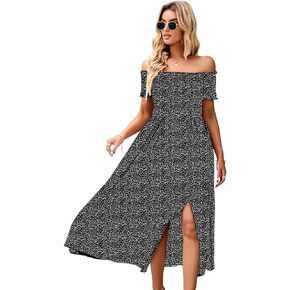 ROYUNA Women's Off The Shoulder Dresses Boho Flowy Smocked Maxi Sundress Beach Vacation Summer Dress 2024