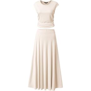 Dokotoo Women's 2 Piece Summer Outfits Casual Crewneck Short Sleeve Ruched Knit Tops Elastic Waist A-Line Midi Skirt Set