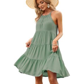 Zilcremo Women's Summer Sleeveless Halter Mini Dress Ruffle Tiered Flowy Swing Beach Dresses Sundress
