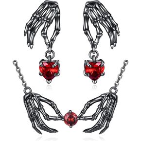 URONE Sterling Silver Skull Necklace and Earrings Skeleton Hand Pendant Gothic Skull Jewelry Gifts for Women Girls