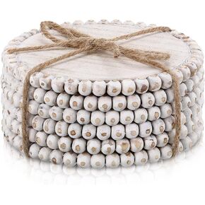 6 Pcs Beaded Wood Coasters Sets 3.94 Inches Round Beaded Coasters Farmhouse Coasters Home Wood Coasters for Drinks Bar Coasters Table Top Coasters for Home Kitchen Table Housewarming (White)