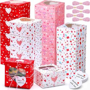 100 Pack Bakery Treat Boxes Cookie Boxes with 5 Ropes and 100 Gift Cards 4.7 x 4.7 x 2.76'' Cupcake Boxes Gift Containers for Treats Birthday Party Wedding Cookie Boxes with Window in Saudi Arabia