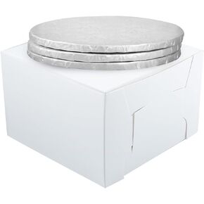 10" Combo Box Set - 10x10x5 1/2 White Cake Box with 10" Silver Round Drum 1/2", Pack of 3