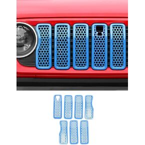 Savadicar Front Grill Inserts with Camera Slot for 2024+ Jeep Wrangler JL 4XE & Gladiator - Elevate Your Wrangler's Aesthetics with Mesh Grille Cover Guard, Exterior Trim Accessories, 7PCs, Baby Blue