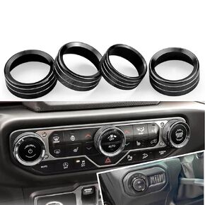 for JL JLU Air Conditioner Headlight Switch Knob Cover Center Console Switch Button Trim HVAC Auto Volume Decorative Ring Compatible with 2018-2024 Jeep Wrangler JL JLU Gladiator JT, Black 4pcs