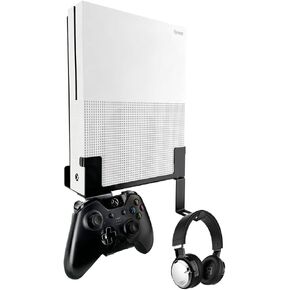 Metal Vertical Wall Mount Compatible with Xbox One S, Securing Wall Bracket with Detachable Controller & Headphone Holder Kit (Black)